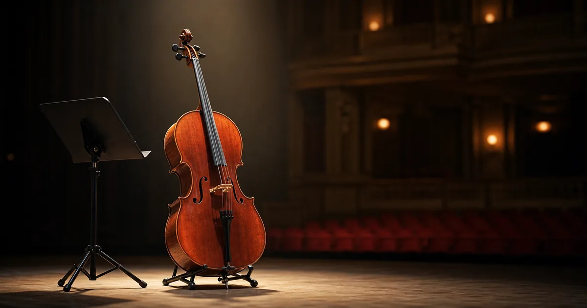 Violonchelo preparado en un escenario de concierto.