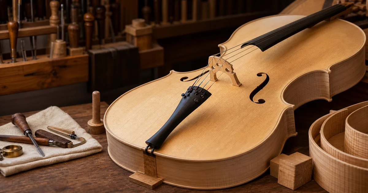 Cuerpo de violonchelo en construccion sobre un banco de luthier.